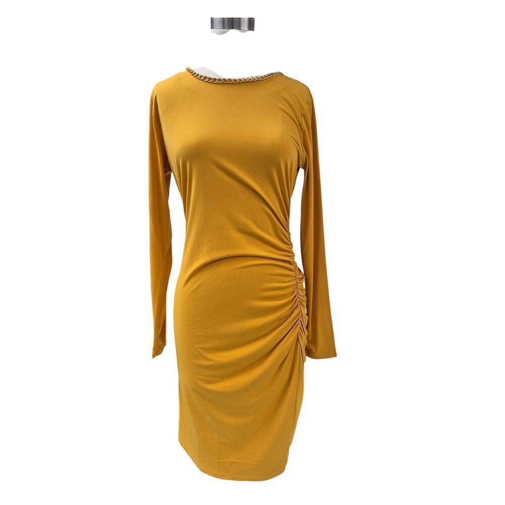 Michael Kors Gold Stretch Bodycon Dress Ruched Gold Curb Link Chain Neck M NWOT